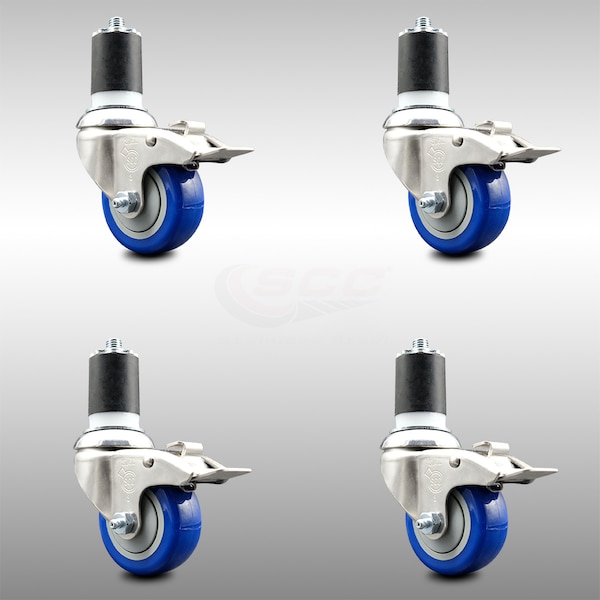 Service Caster 3 Inch 316SS Blue Poly Swivel 1-3/4 Inch Expanding Stem Caster Set Lock Brake SCC-SS316TTLEX20S314-PPUB-BLUE-134-4 - main